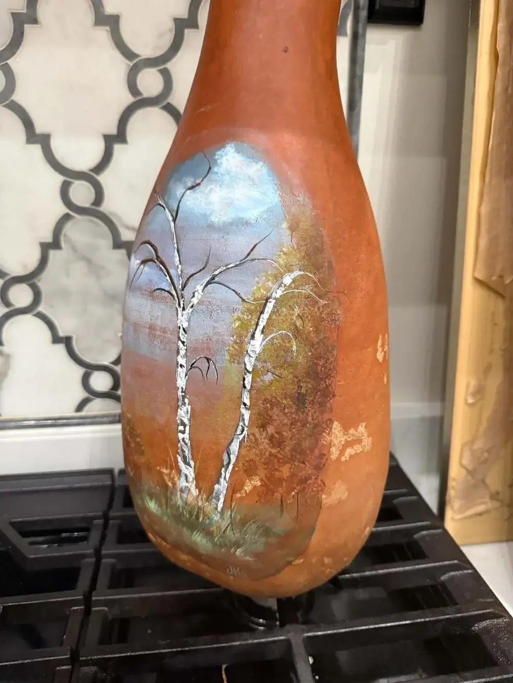 Hand Painted Birch Tree Folk Art Gourd Vase Signed JKo